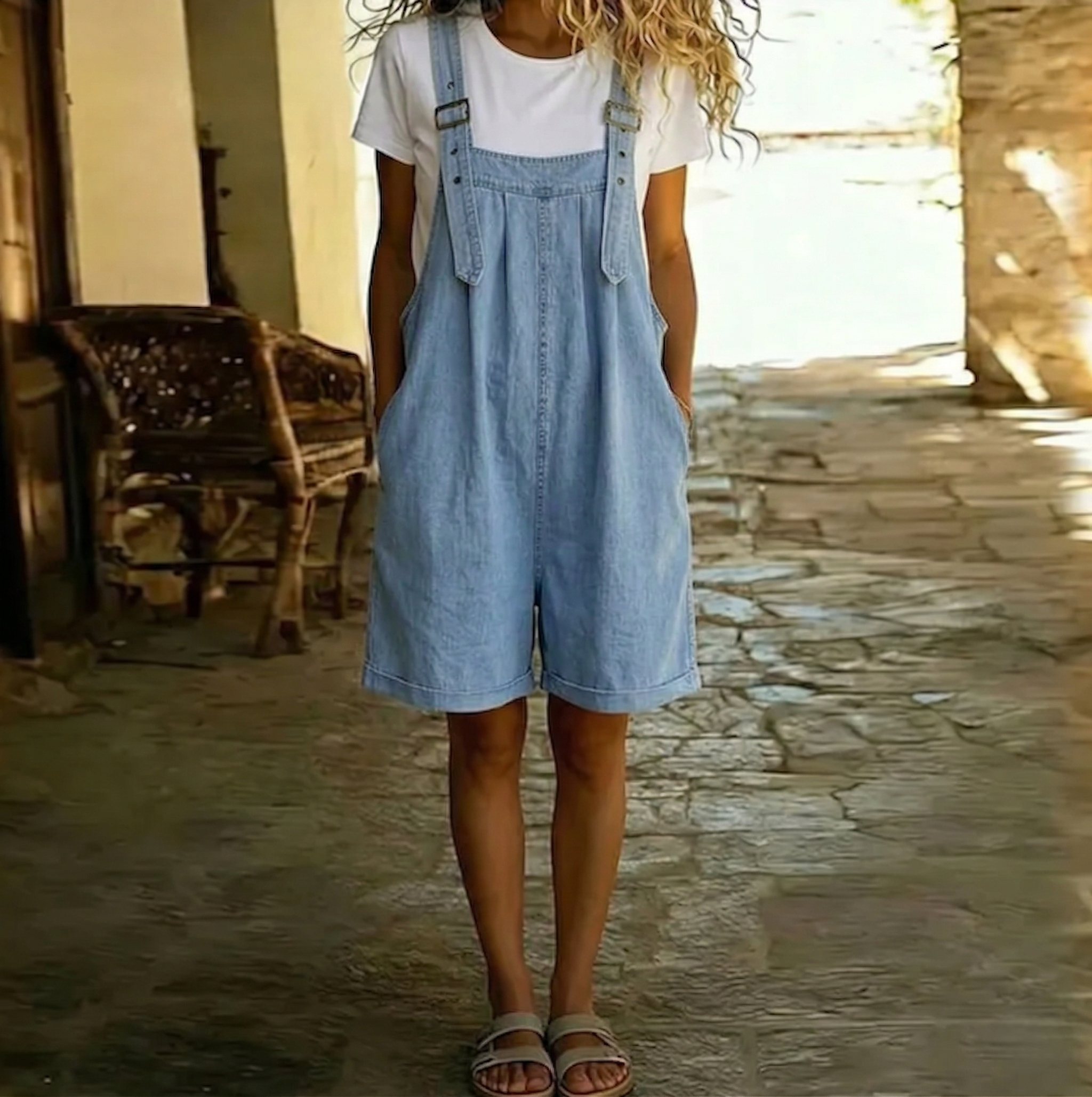 Clara™ | Salopetă scurtă din denim bleu deschis
