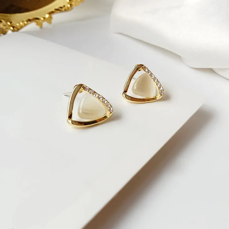 Elegant Triangular Earrings with Opal and Crystals