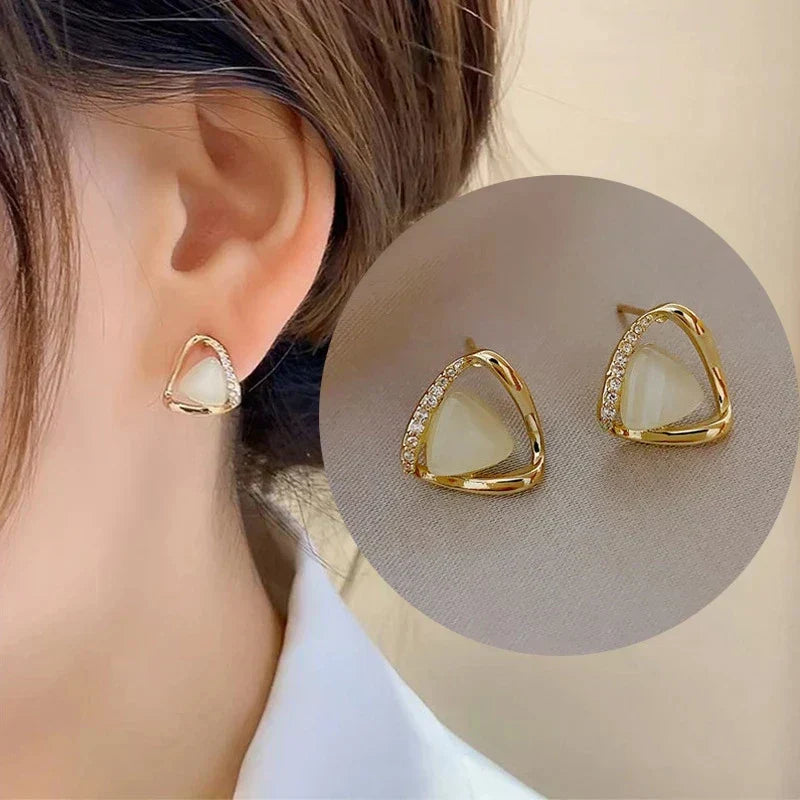Elegant Triangular Earrings with Opal and Crystals