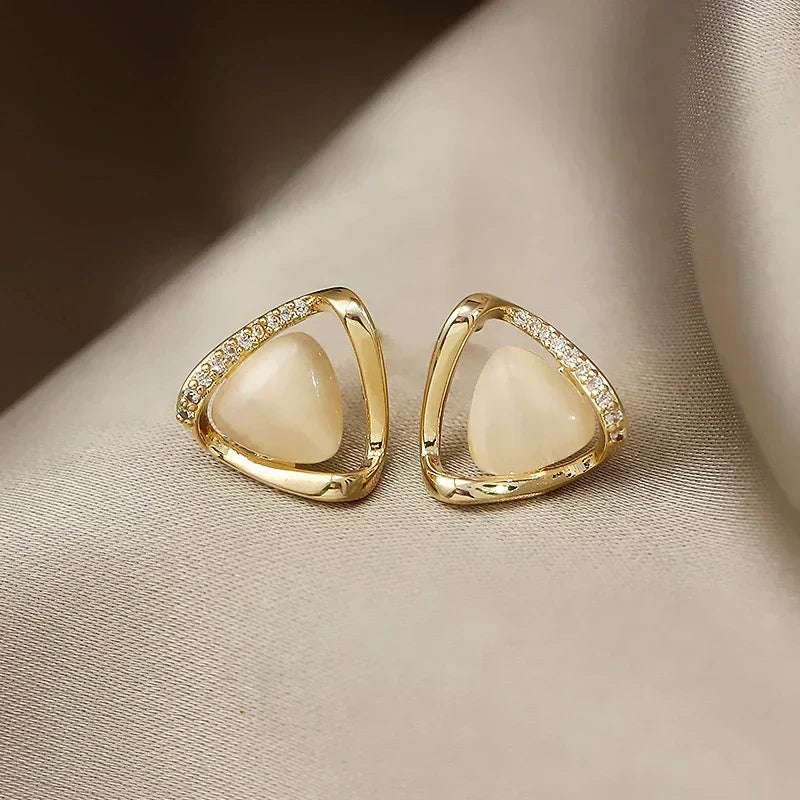 Elegant Triangular Earrings with Opal and Crystals