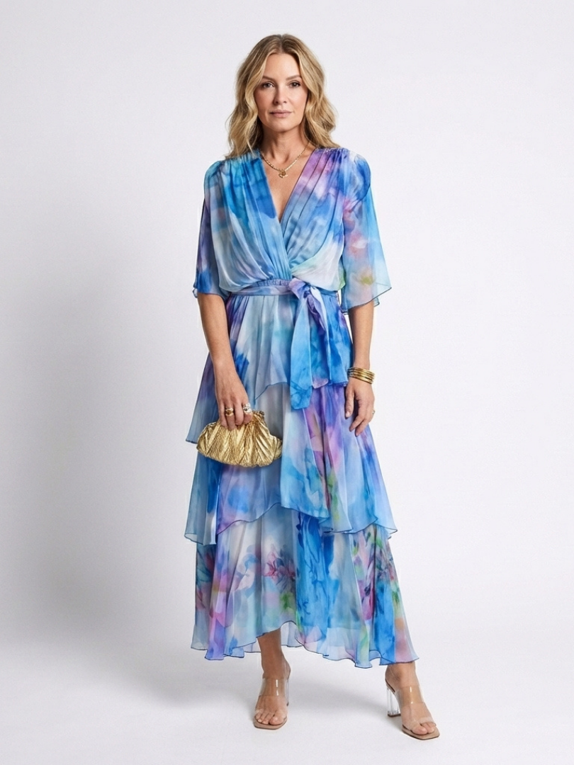 Calista | Rochie maxi transparentă stratificată cu decolteu în V și curea