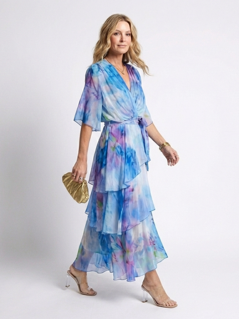 Calista | Rochie maxi transparentă stratificată cu decolteu în V și curea