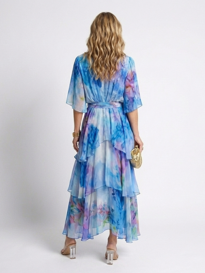 Calista | Rochie maxi transparentă stratificată cu decolteu în V și curea