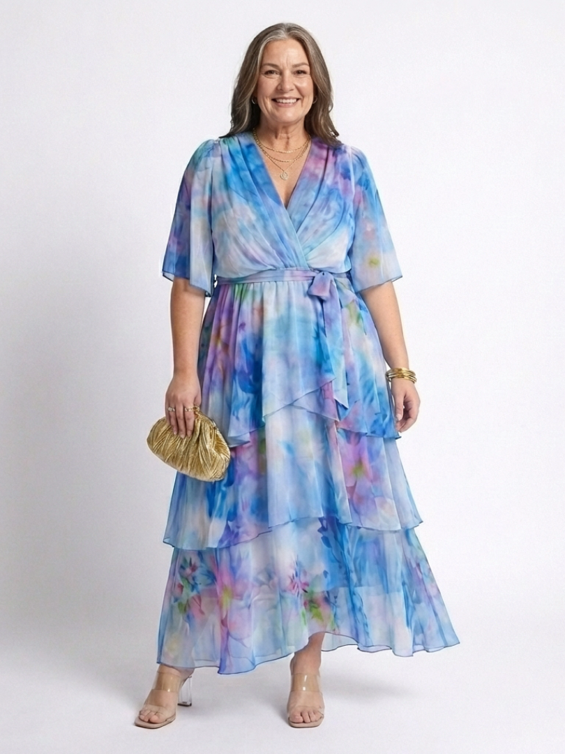 Calista | Rochie maxi transparentă stratificată cu decolteu în V și curea