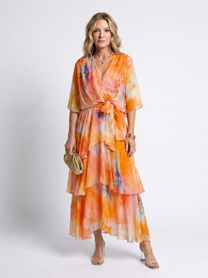 Calista | Rochie maxi transparentă stratificată cu decolteu în V și curea