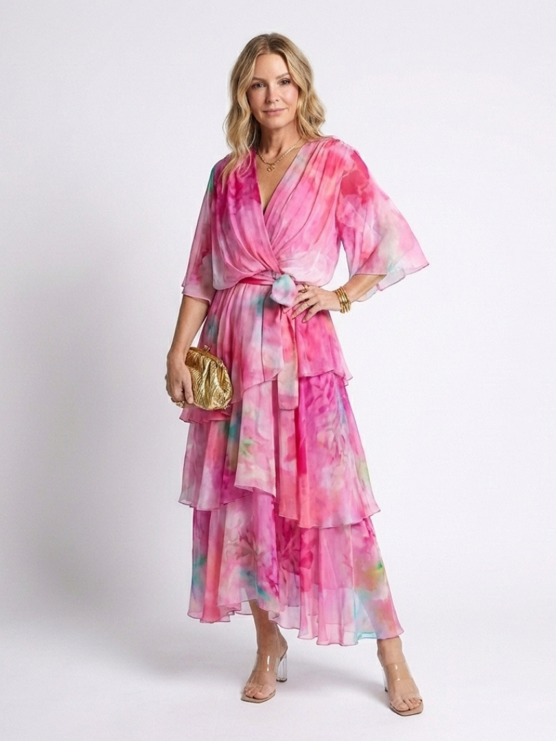 Calista | Rochie maxi transparentă stratificată cu decolteu în V și curea