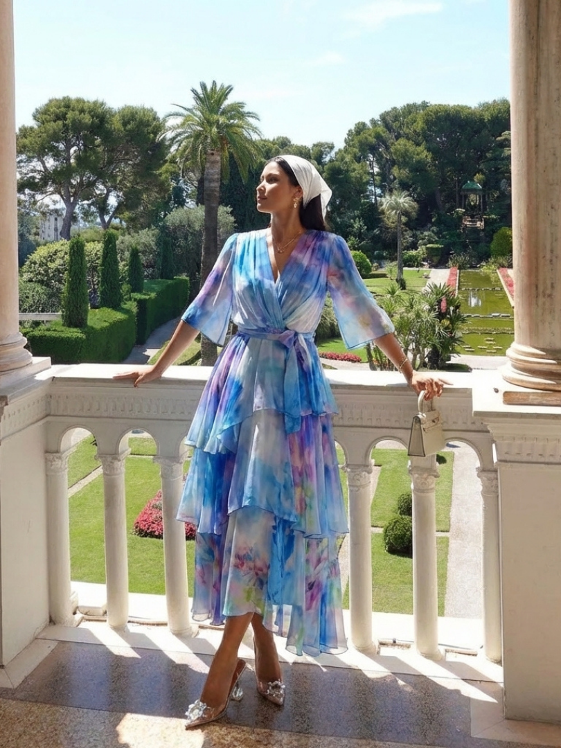 Calista | Rochie maxi transparentă stratificată cu decolteu în V și curea