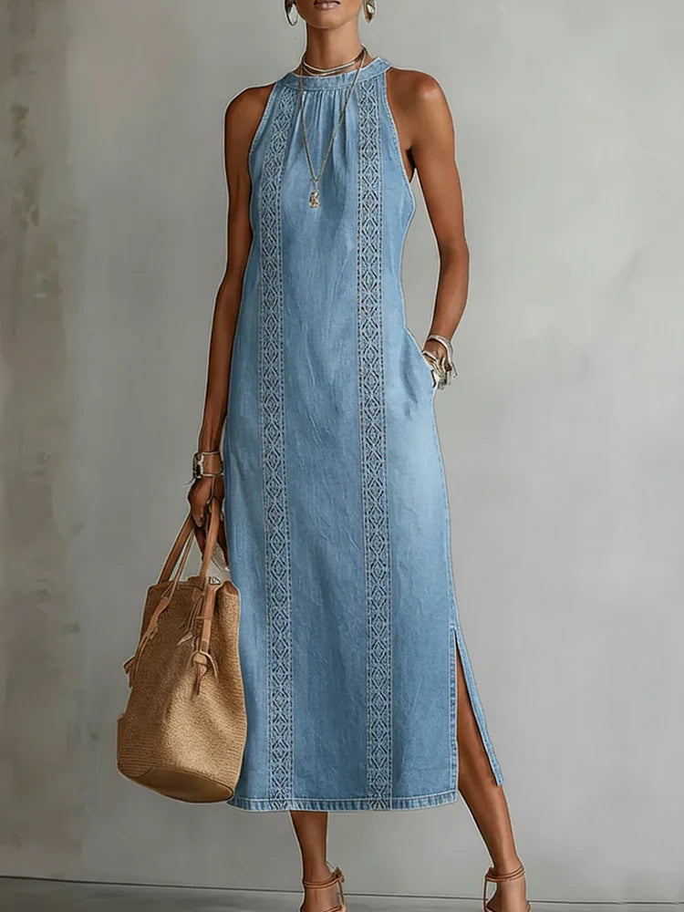 Julia™ | Rochie din denim cu detalii retro din dantelă
