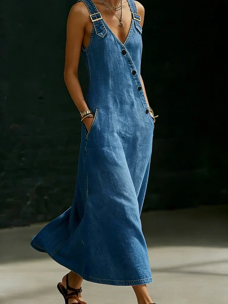 Vera™ | Rochie lungă din denim cu butoni