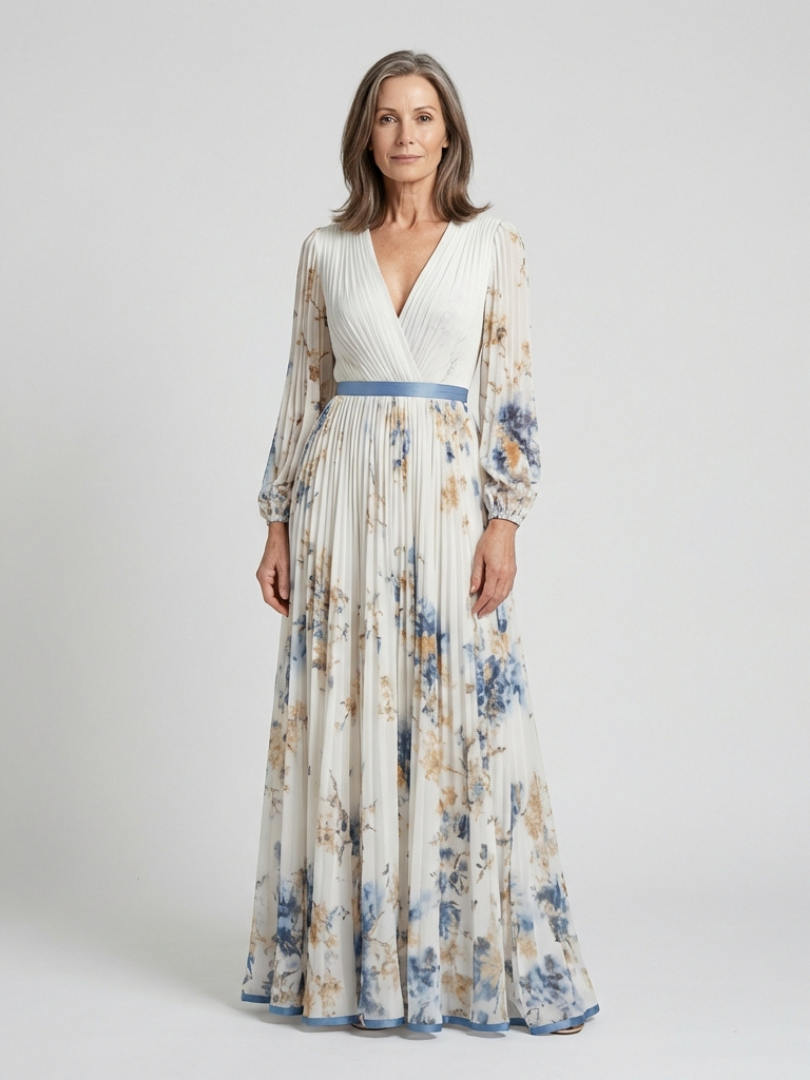 Lavinia | Rochie maxi cu mâneci lungi, decolteu în V și imprimeu floral