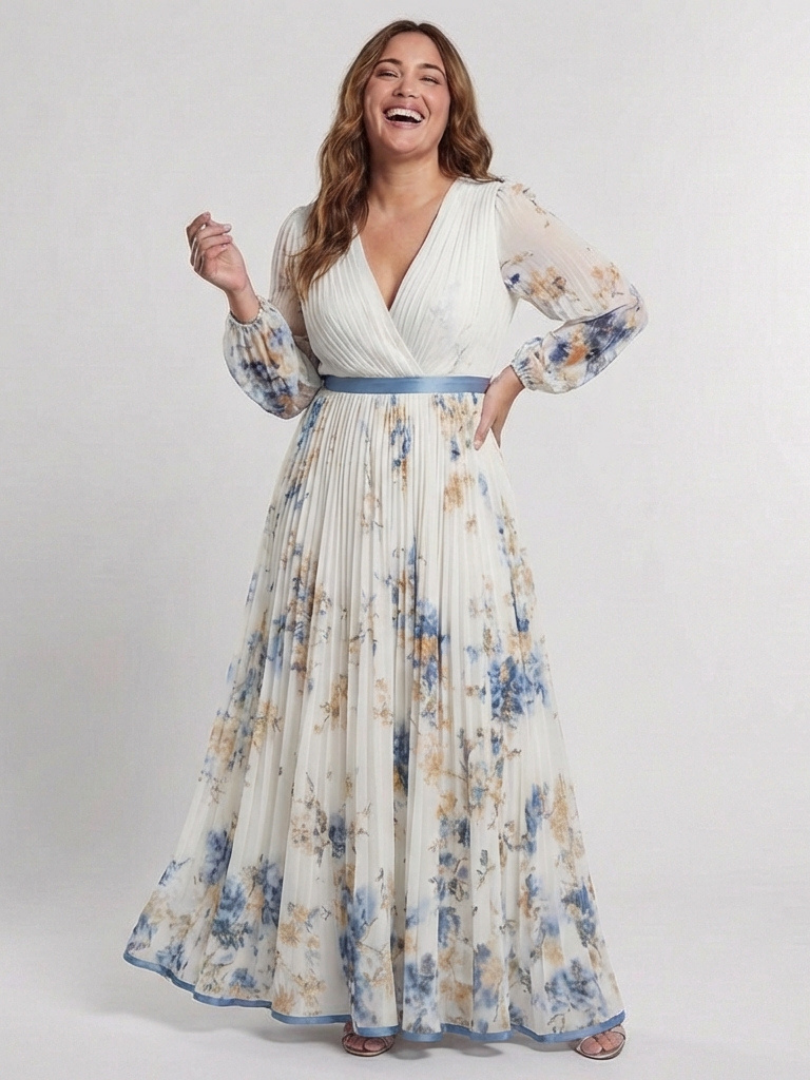 Lavinia | Rochie maxi cu mâneci lungi, decolteu în V și imprimeu floral