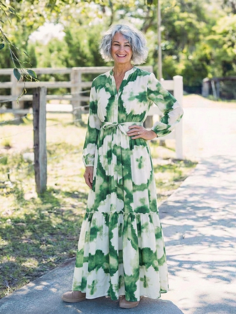 Sabine | Rochie maxi cu mâneci lungi și detaliu nod în talie