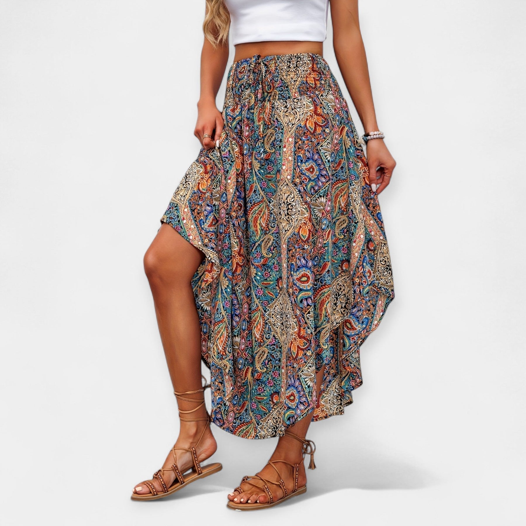 Fustă Midi cu Flori și Talie Înaltă