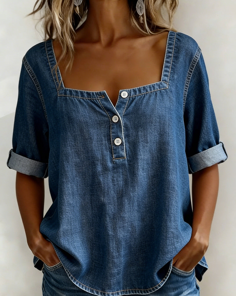 Avélia™ | Cămașă din denim cu guler pătrat elegant