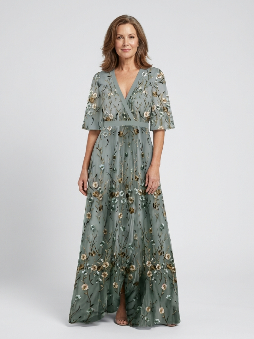 Evadne | Rochie maxi florală cu decolteu în V și mâneci scurte