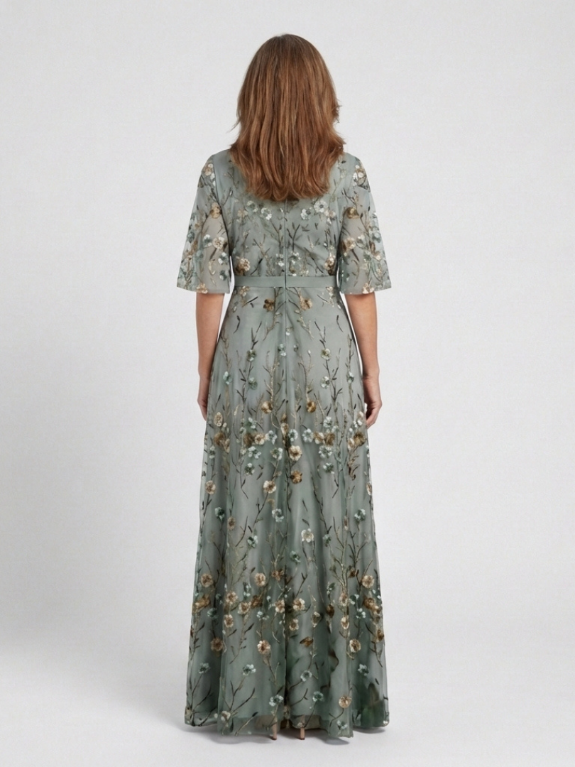 Evadne | Rochie maxi florală cu decolteu în V și mâneci scurte