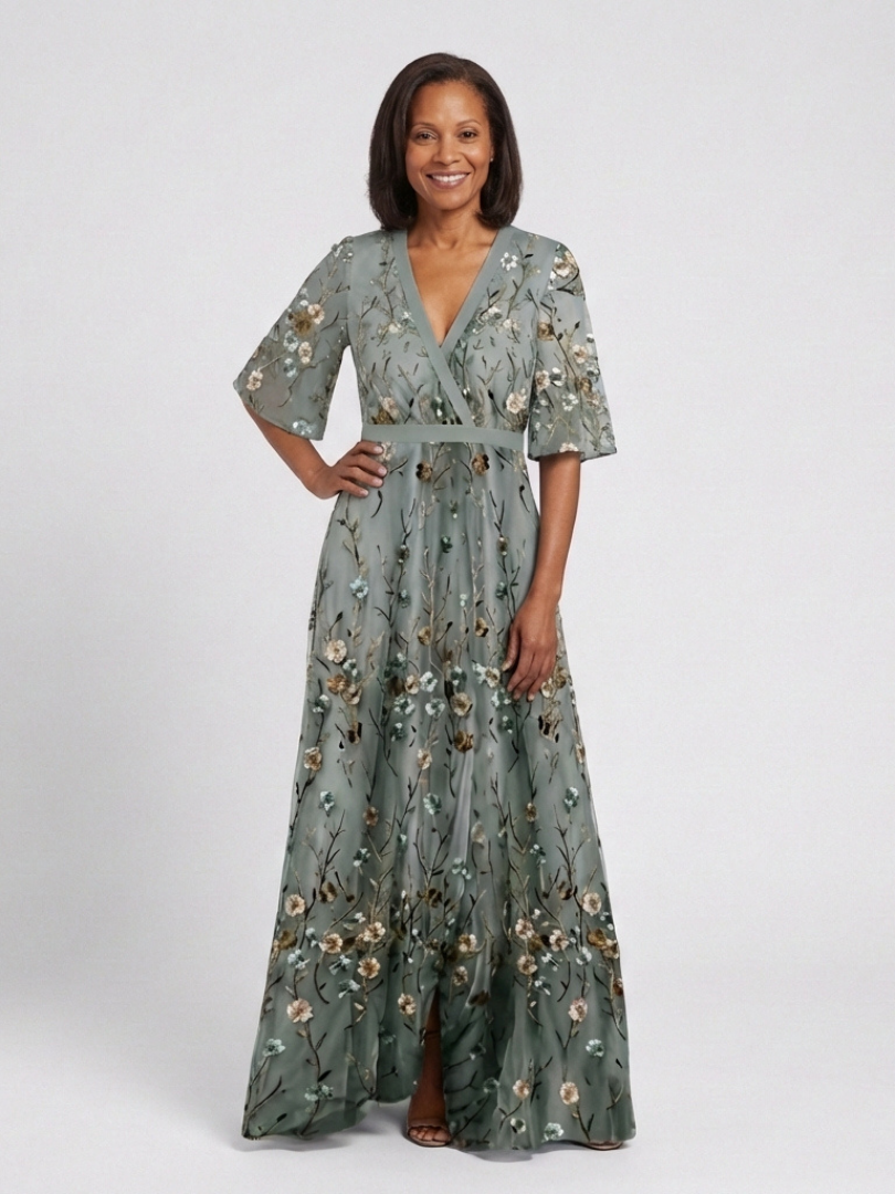 Evadne | Rochie maxi florală cu decolteu în V și mâneci scurte