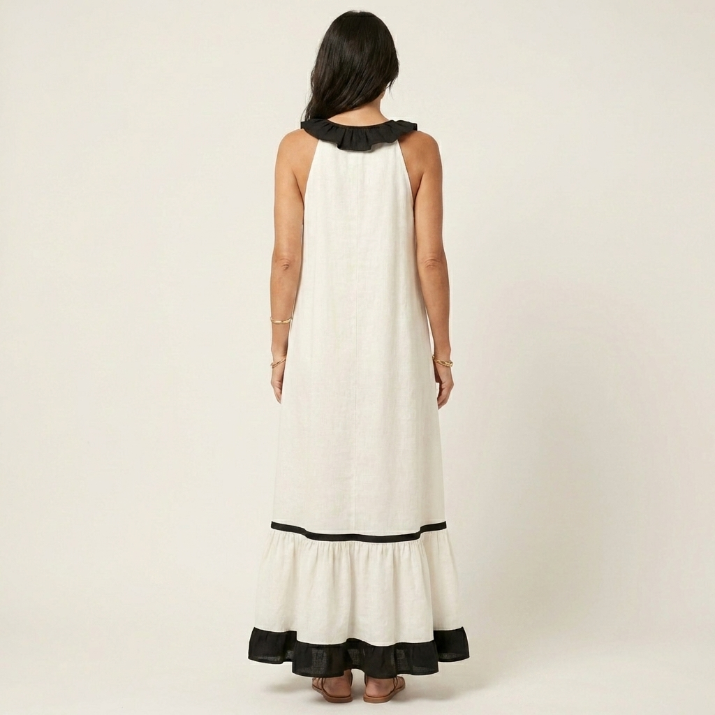 Mayline | Rochie Maxi fără Mâneci cu Volan la Gât și Detalii Contrastante