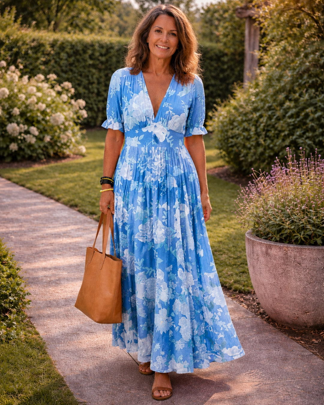 Ione | Rochie midi florală, fără mâneci, cu decolteu în V