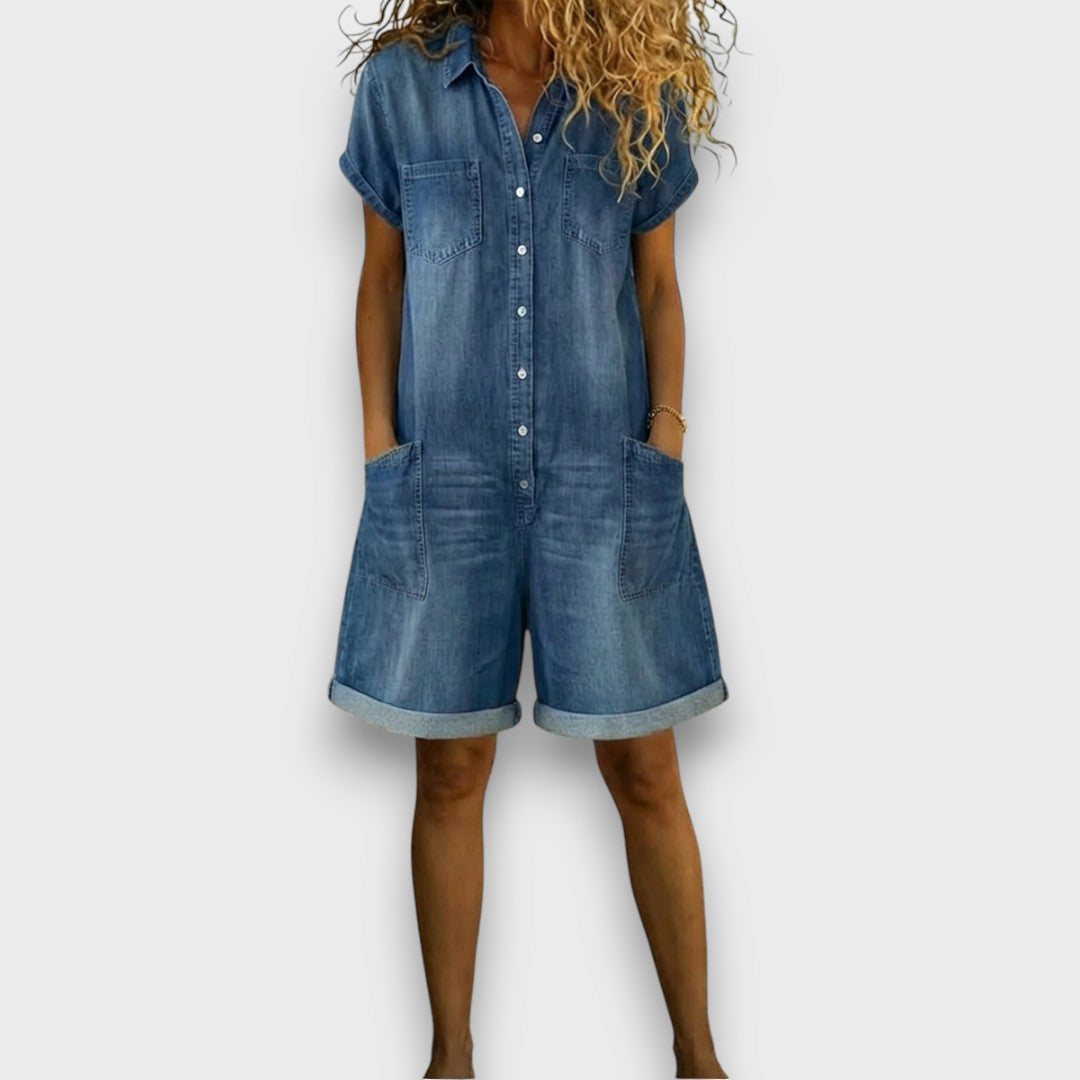Joan™ | Salopetă scurtă din bumbac cu aspect denim