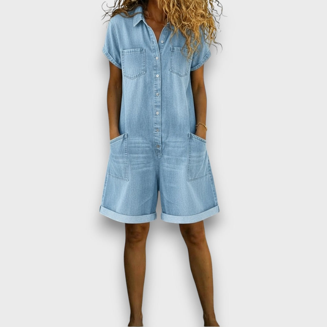 Joan™ | Salopetă scurtă din bumbac cu aspect denim