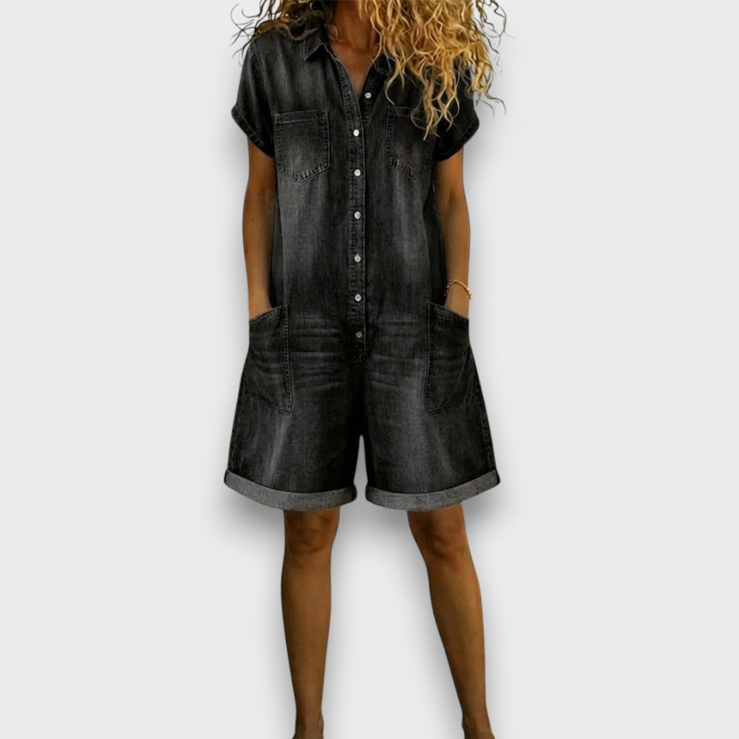 Joan™ | Salopetă scurtă din bumbac cu aspect denim