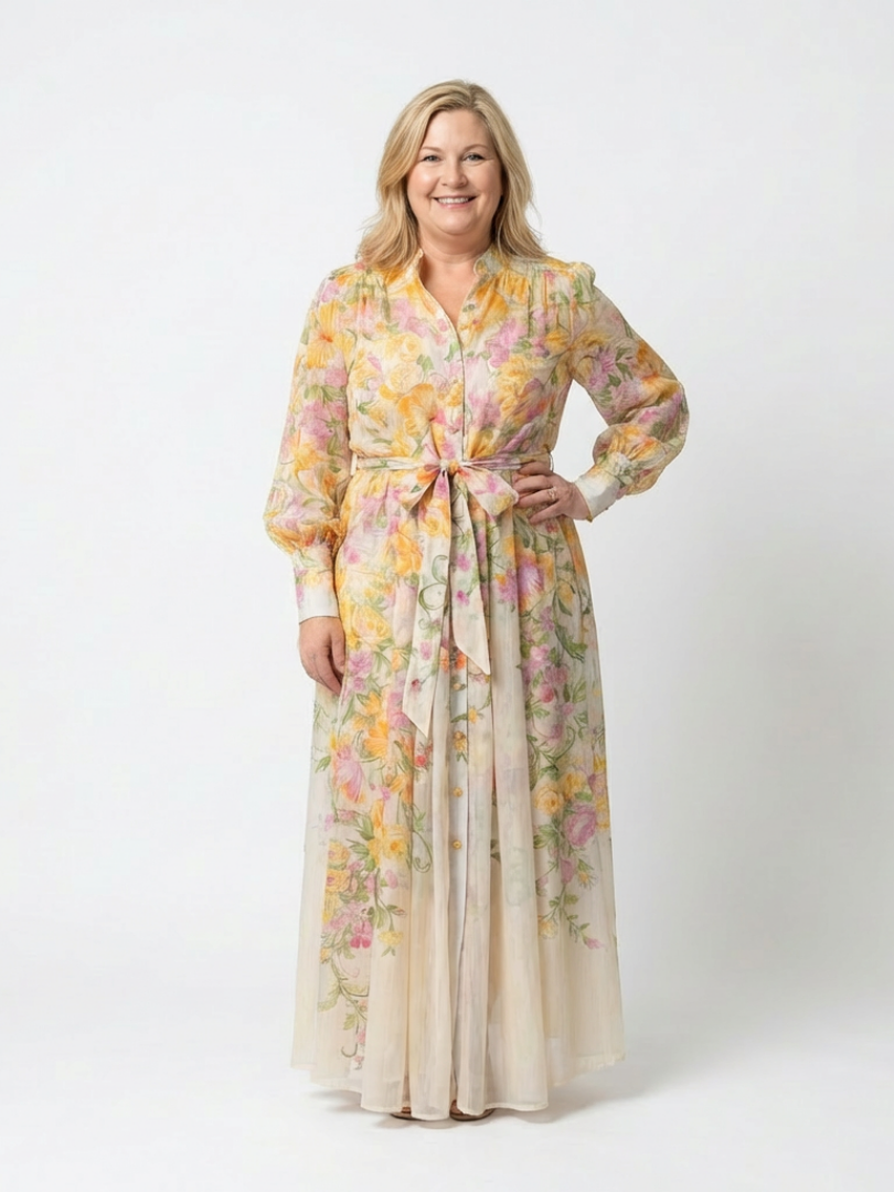 Cressida | Rochie maxi florală transparentă cu mâneci lungi