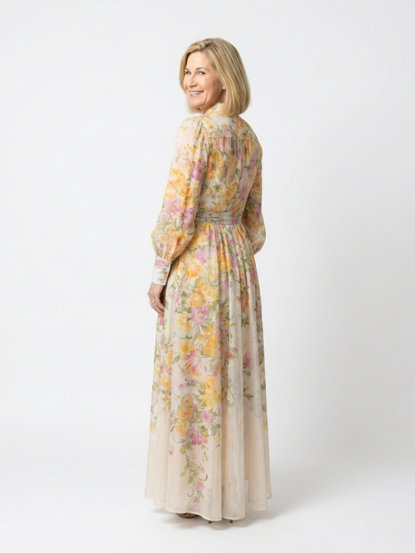 Cressida | Rochie maxi florală transparentă cu mâneci lungi