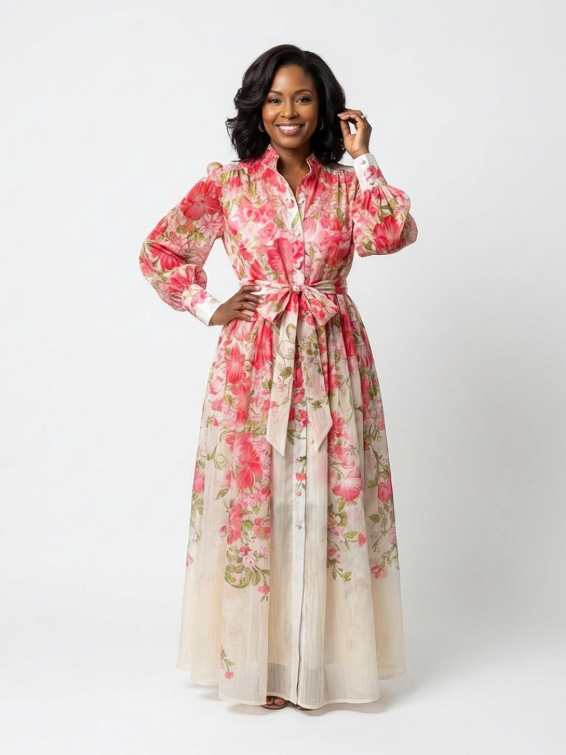 Cressida | Rochie maxi florală transparentă cu mâneci lungi
