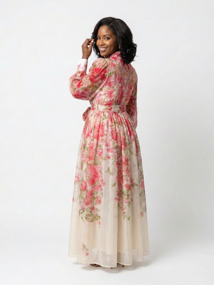 Cressida | Rochie maxi florală transparentă cu mâneci lungi