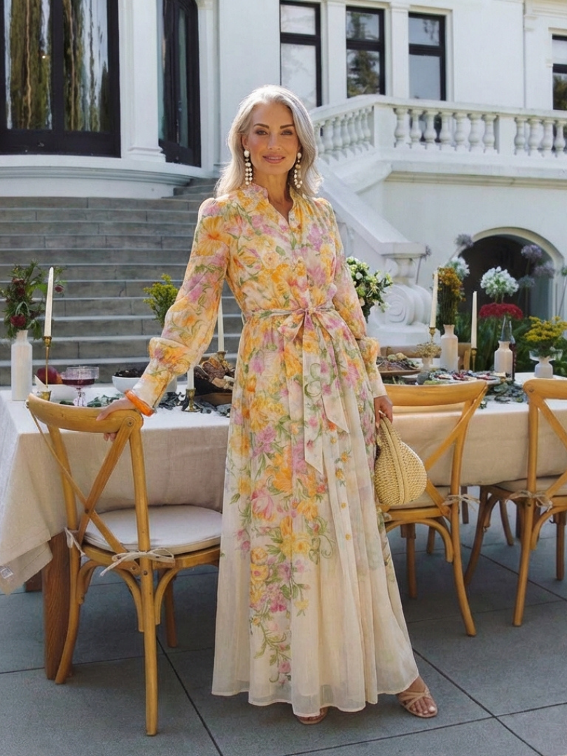 Cressida | Rochie maxi florală transparentă cu mâneci lungi